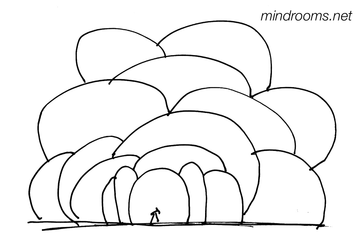 Hand-drawn sketch showing nested arch-shaped rooms with a small figure at the center — the spatial structure of the Mind Rooms apartment